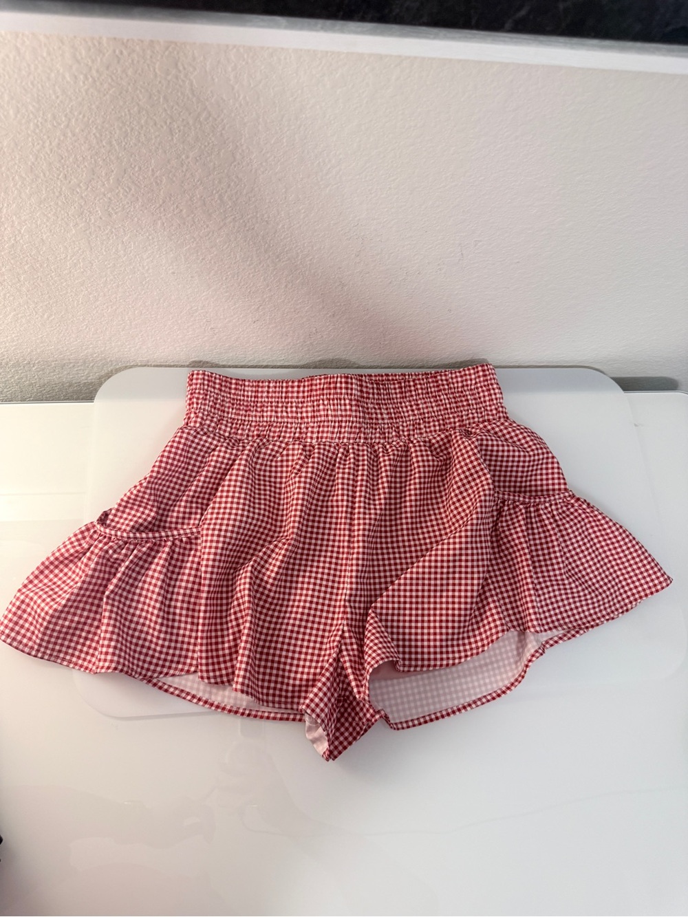 Womens Athletic Running Shorts 2.5" Flowy High Waisted Ruffle Shorts Red Gingham